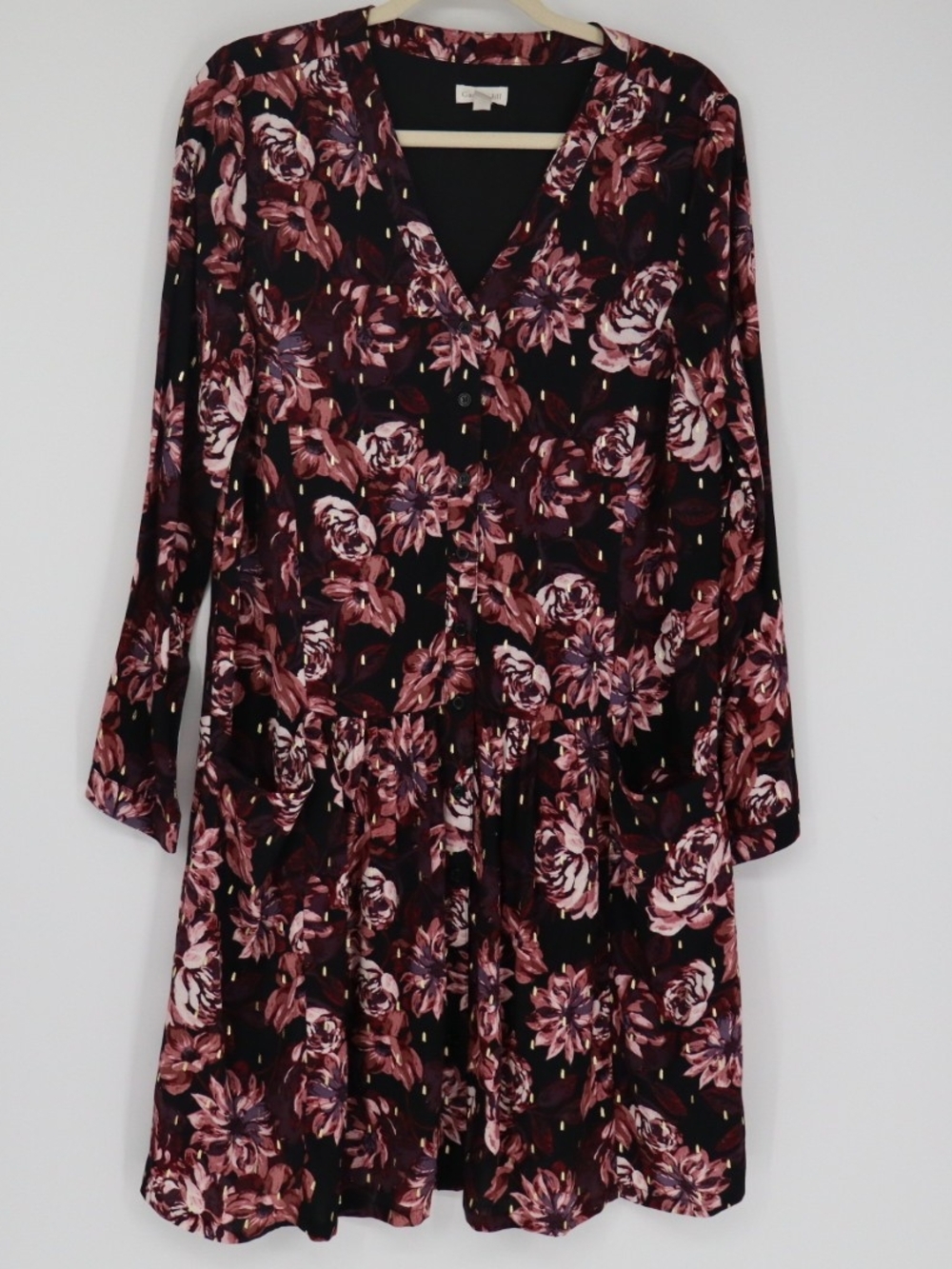 Garnet Hill Floral Dress Size 8 Black Burgundy Pink V Neck Long Sleeve Metallic